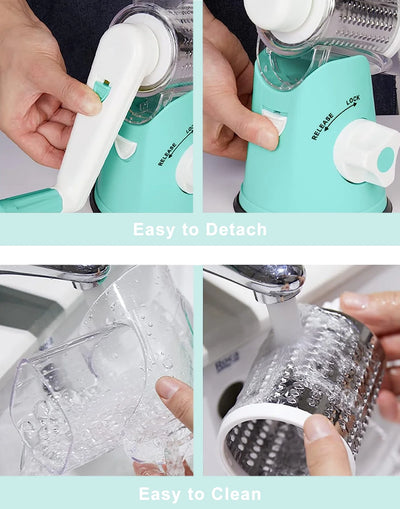 Premium Rotary Cheese Grater, Manual Cheese Grater for Kitchen, Handheld Vegetables Slicer Cheese Shredder with Rubber Suction Base, 3 Stainless Drum Blades Included,Blue