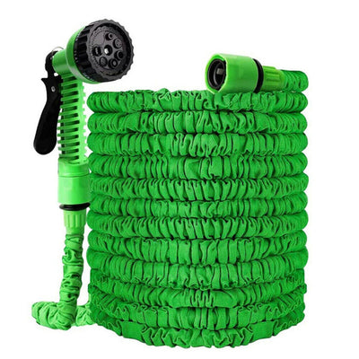 Expanding Expandable Flexible Garden Water Hose w Spray Nozzle 25, 50, in vibrant green color with nozzle attachment.