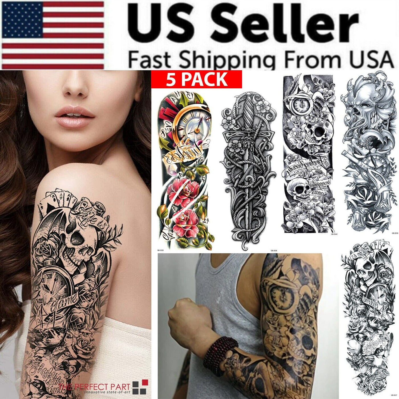 5Pcs Large Temporary Body Art Arm Tattoo Sticker Sleeve Man Women