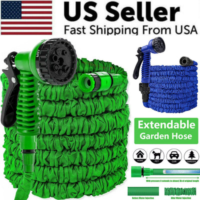 Expanding Expandable Flexible Garden Water Hose w Spray Nozzle 25, 50, with ergonomic handle and multiple spray settings