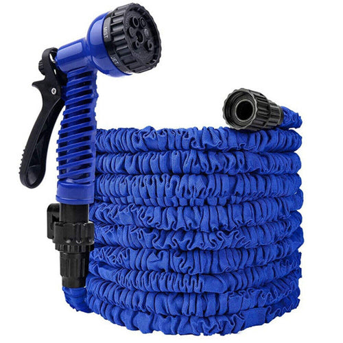 Expanding Expandable Flexible Garden Water Hose w Spray Nozzle 25, 50, in vibrant blue with coiled design.