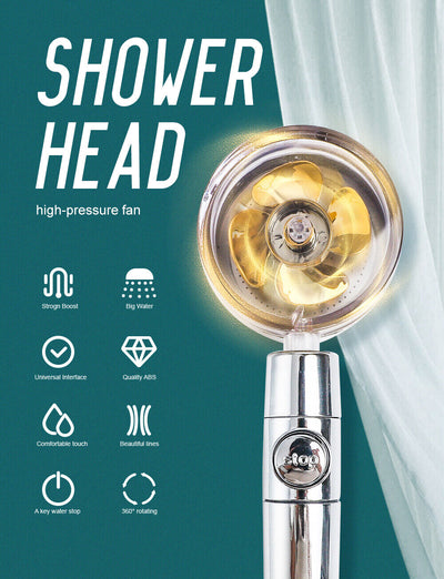High Pressure Shower Head Adjustable 360° Rotation Turbine Water