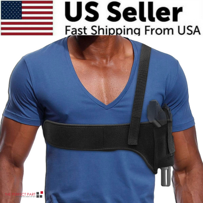 Tactical Concealed Carry Shoulder Waist Pistol Hand Gun Holder Holster worn by a person in a blue shirt.