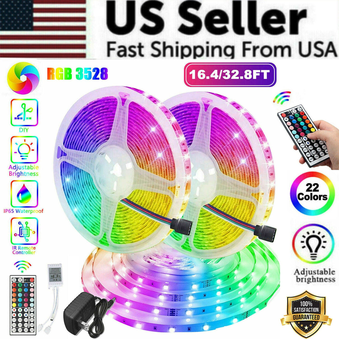 32FT LED Strip Lights Remote Control Bedroom Waterproof for Indoor