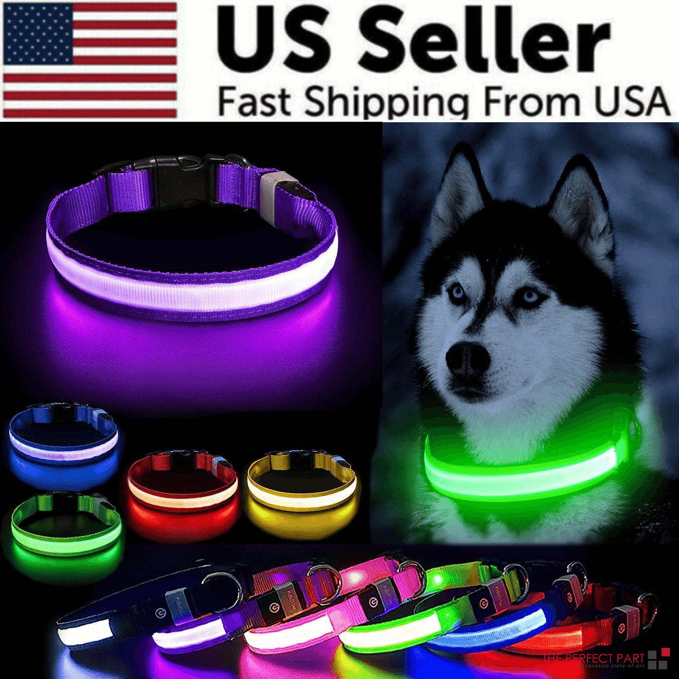 LED Adjustable Dog Collar Blinking Flashing Light Up Glow Pets Safety