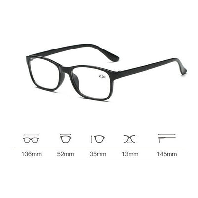 Reading Glasses Mens Womens Unisex Readers Eyeglasses 4 Pack Glasses - Black Frame with Measurements.