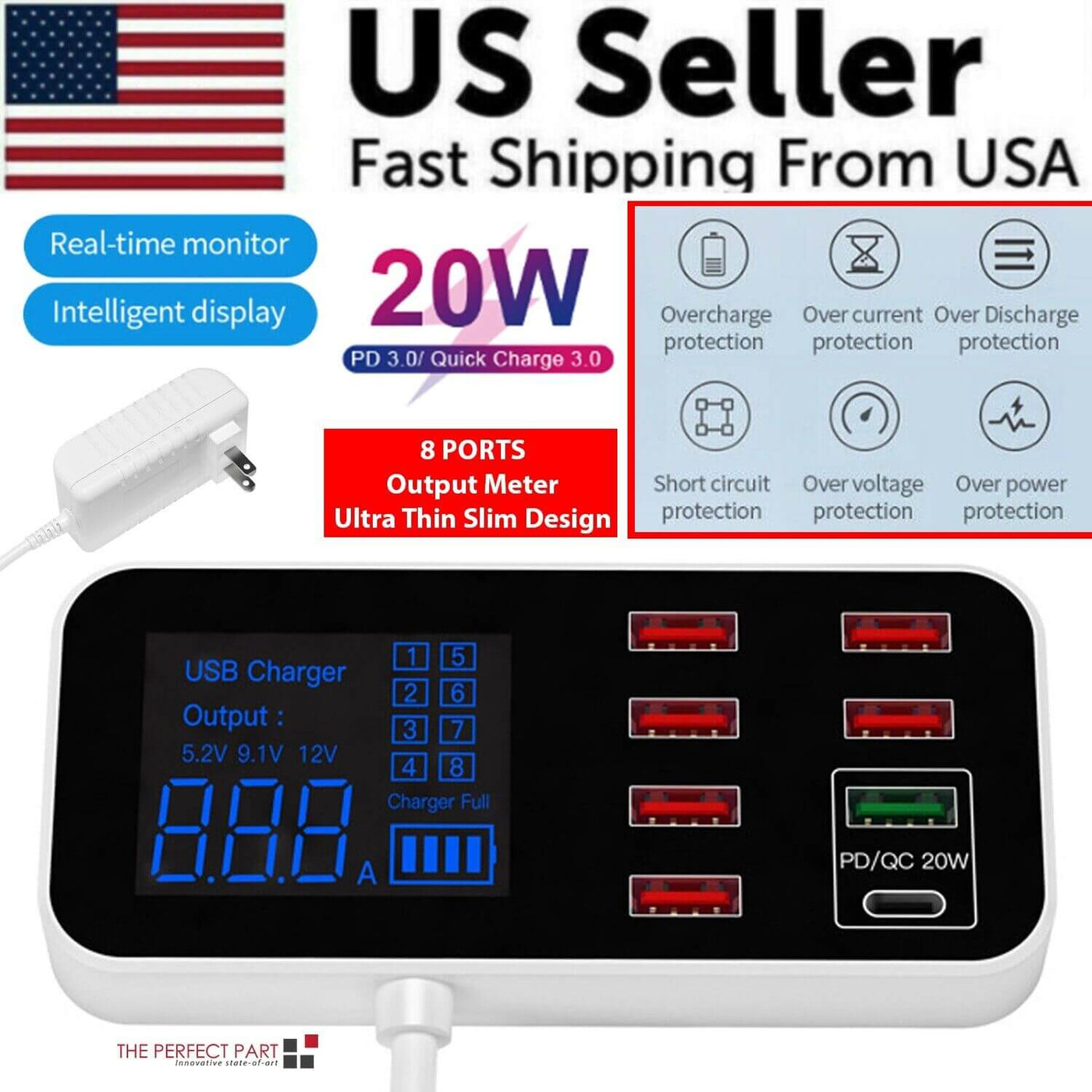 Multi USB 8-Port Fast Desktop Hub Wall Charger Charging Station Quick