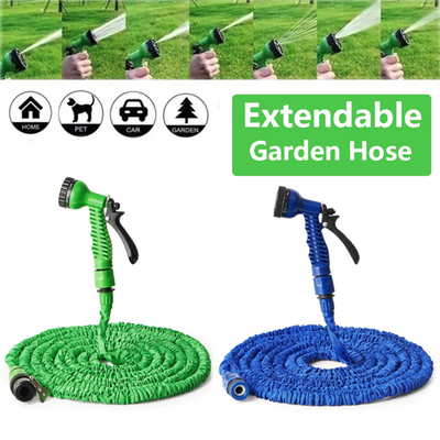 Expanding Expandable Flexible Garden Water Hose w Spray Nozzle 25, 50, in green and blue with nozzle options.