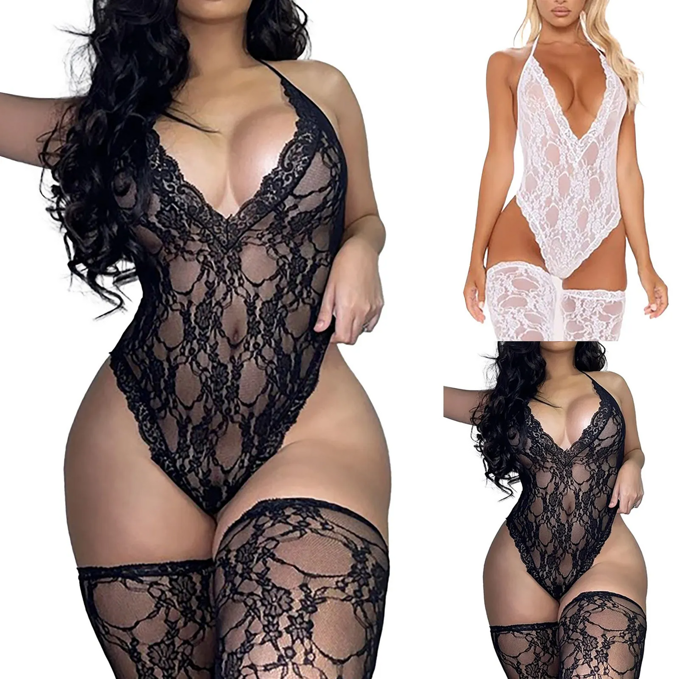 Women Lace Sexy Lingerie Nightwear Babydoll Sleepwear Bodysuit Dress in black and white lace designs.