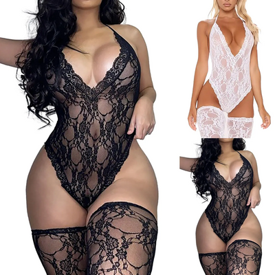 Women Lace Sexy Lingerie Nightwear Babydoll Sleepwear Bodysuit Dress in black and white lace designs.