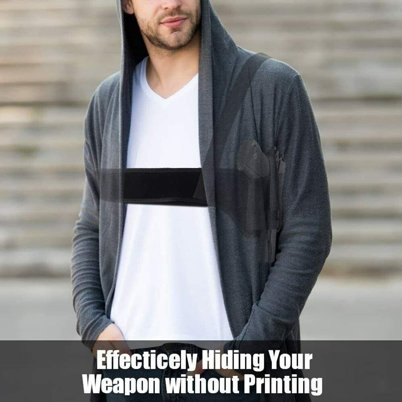 Tactical Concealed Carry Shoulder Waist Pistol Hand Gun Holder Holster displayed on a person wearing a grey hoodie, showcasing concealed carry.