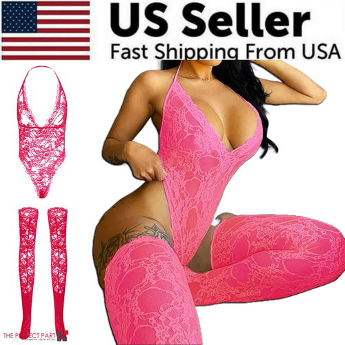 Women Lace Sexy Lingerie Nightwear Babydoll Sleepwear Bodysuit Dress in pink with matching thigh highs.