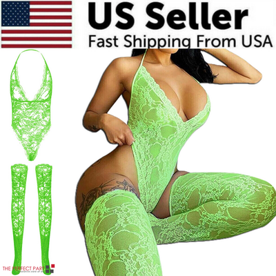Women Lace Sexy Lingerie Nightwear Babydoll Sleepwear Bodysuit Dress in vibrant green color with matching thigh-high stockings.