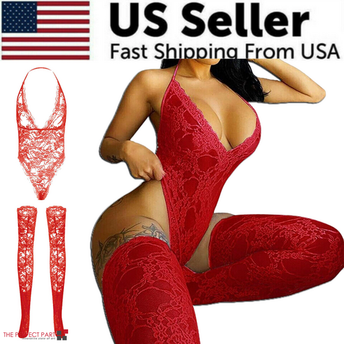 Women Lace Sexy Lingerie Nightwear Babydoll Sleepwear Bodysuit Dress in red with thigh-high stockings