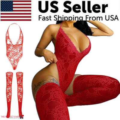Women Lace Sexy Lingerie Nightwear Babydoll Sleepwear Bodysuit Dress in red with thigh-high stockings