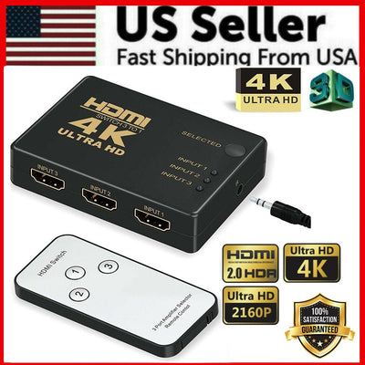 4K HDMI 2.0 Cable Splitter Switcher Box Hub IR Remote Control 3X1