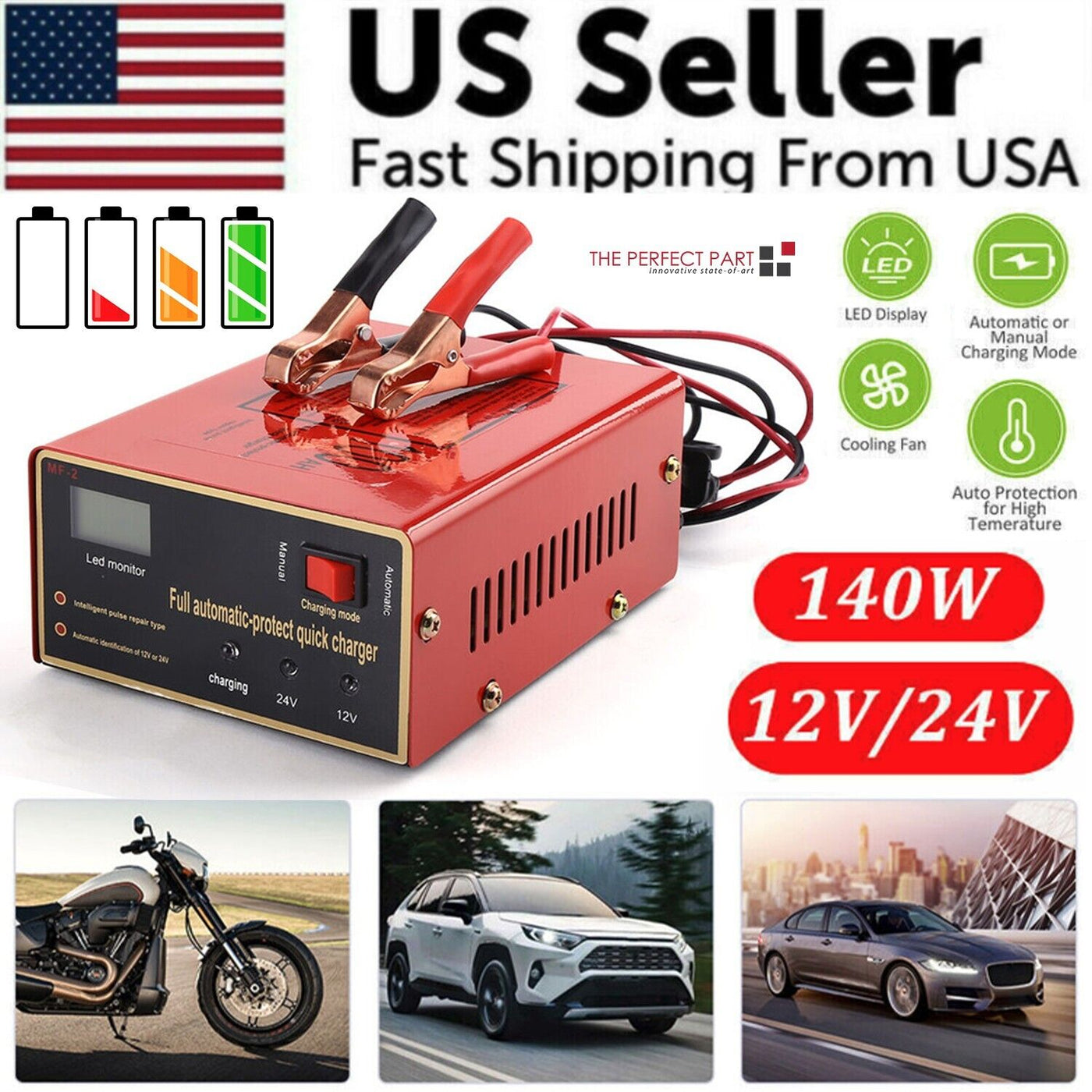 Maintenance Free Battery Charger 12V/24V 10A 140W Output For Electric