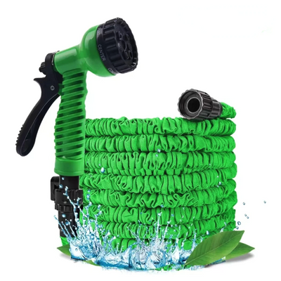 Expanding Expandable Flexible Garden Water Hose w Spray Nozzle 25, 50, coiled in bright green with water splashing around.
