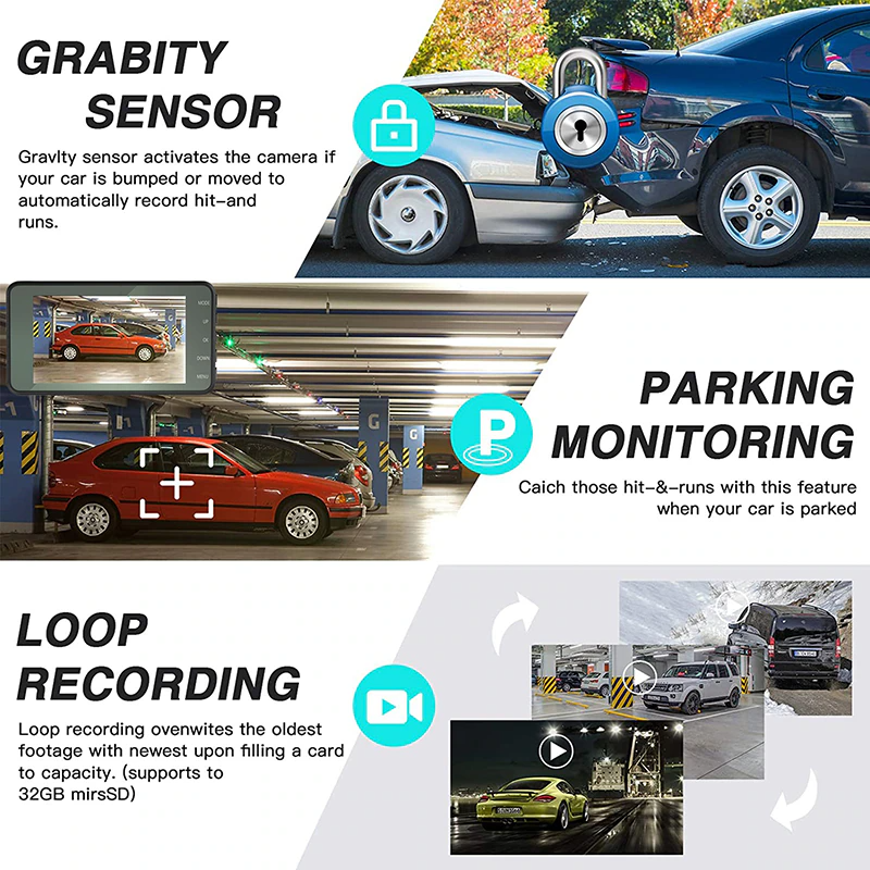 HD 1080P Car Dual Lens Dash Cam 4" DVR Recorder Front & Rear Camera