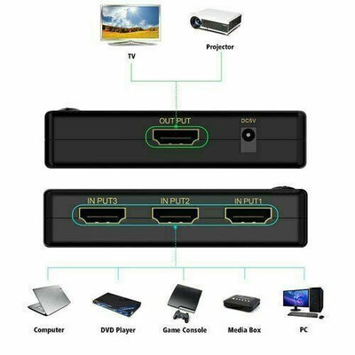 4K HDMI 2.0 Cable Splitter Switcher Box Hub IR Remote Control 3X1