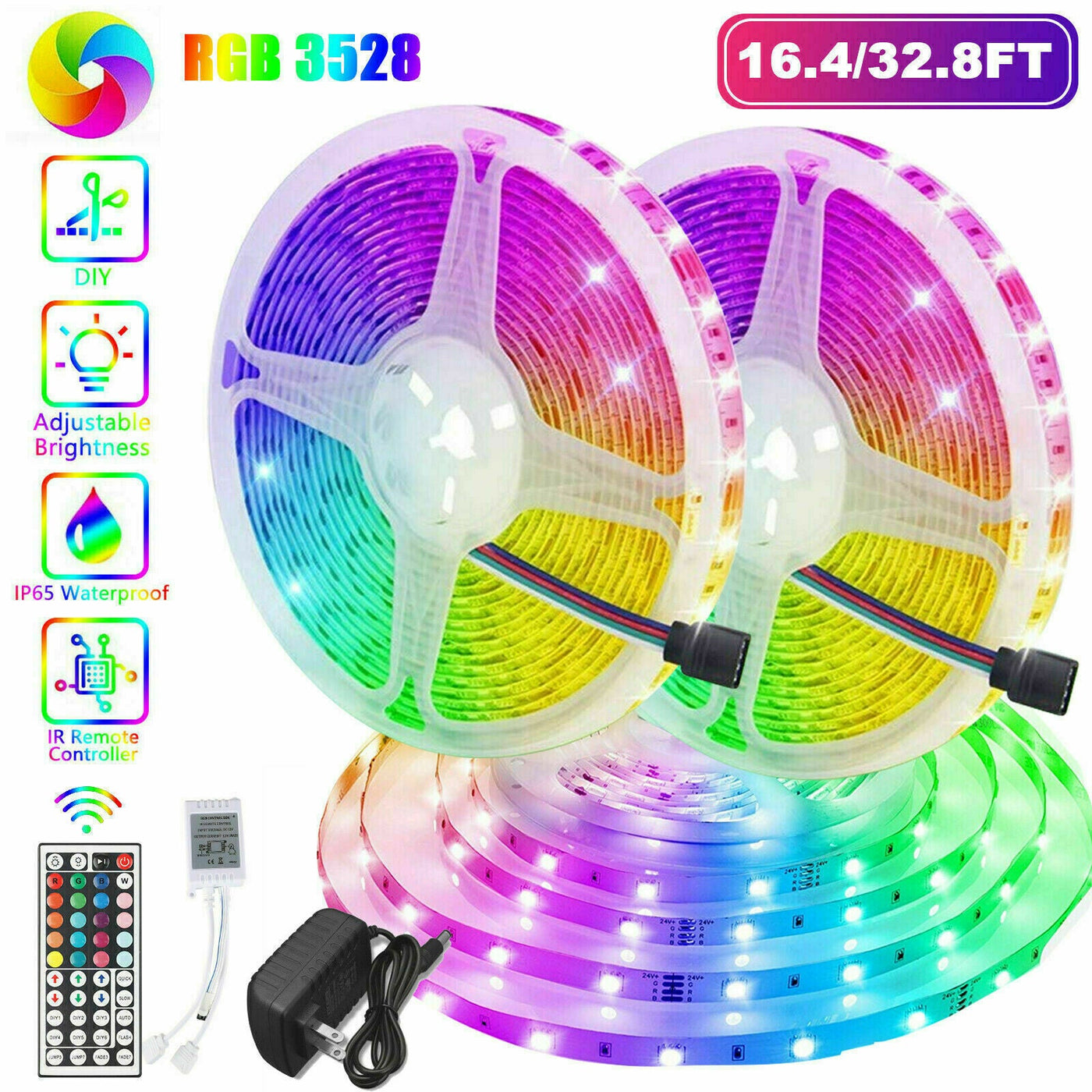 32FT LED Strip Lights Remote Control Bedroom Waterproof for Indoor