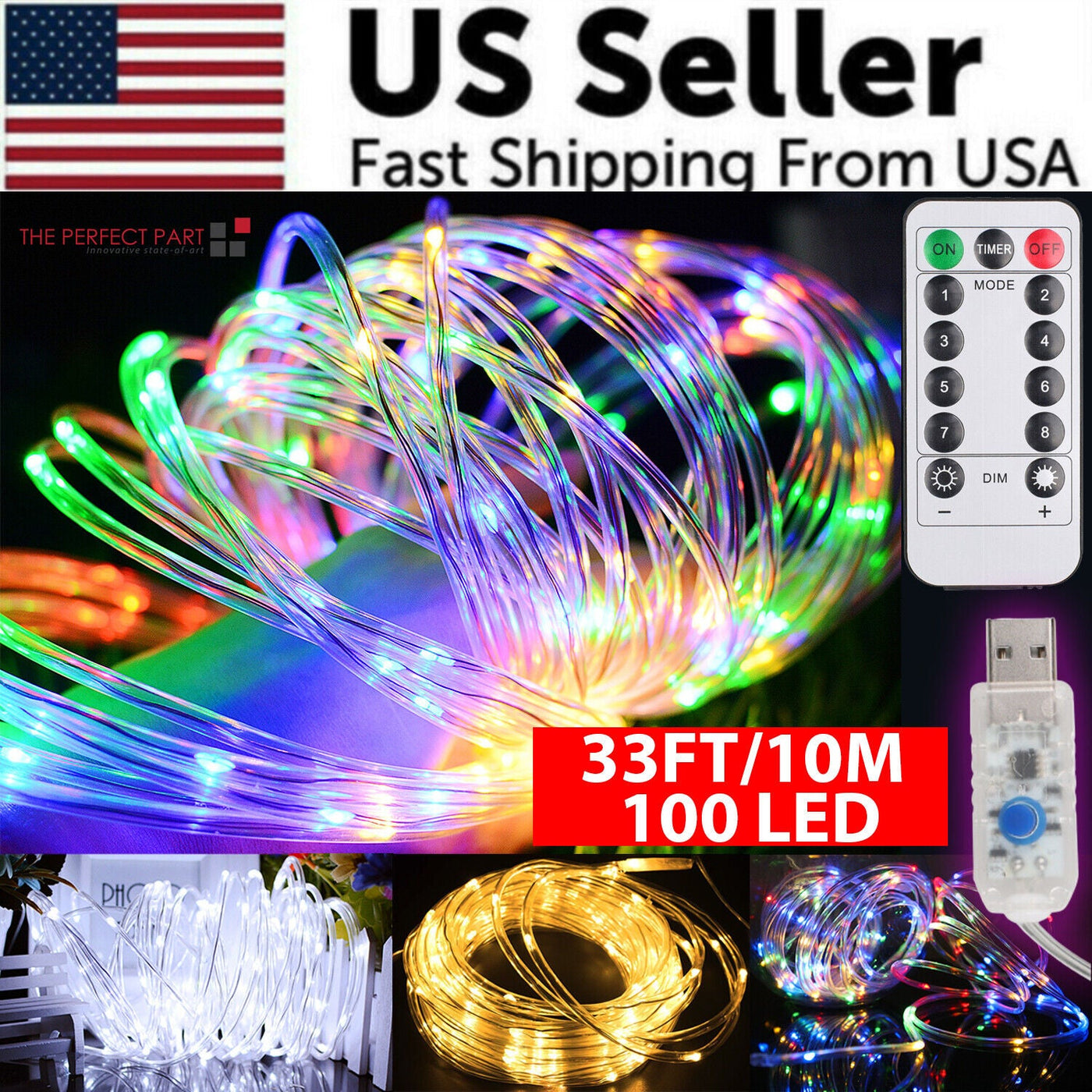 33FT 100 LED Strip Rope Light Tube String Outdoor Garden Party