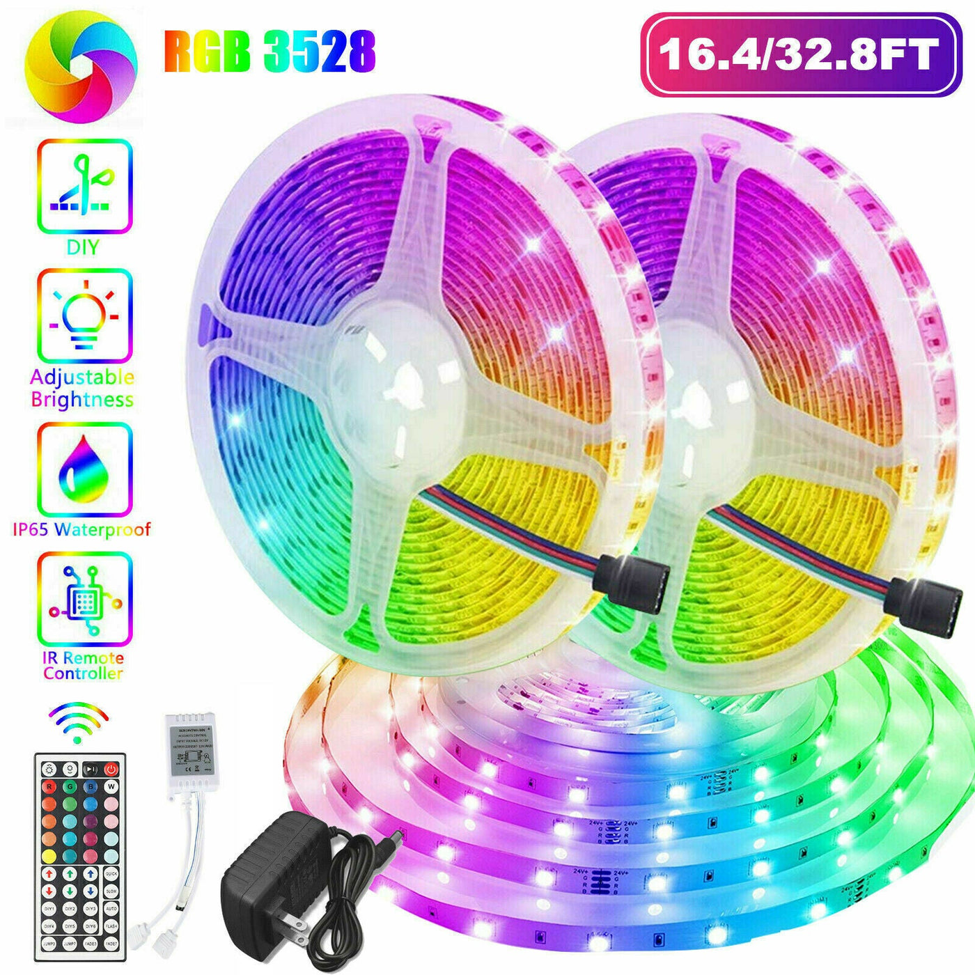 32FT LED SMD Strip Light Flexible 3528 RGB Remote Fairy Lights Room TV