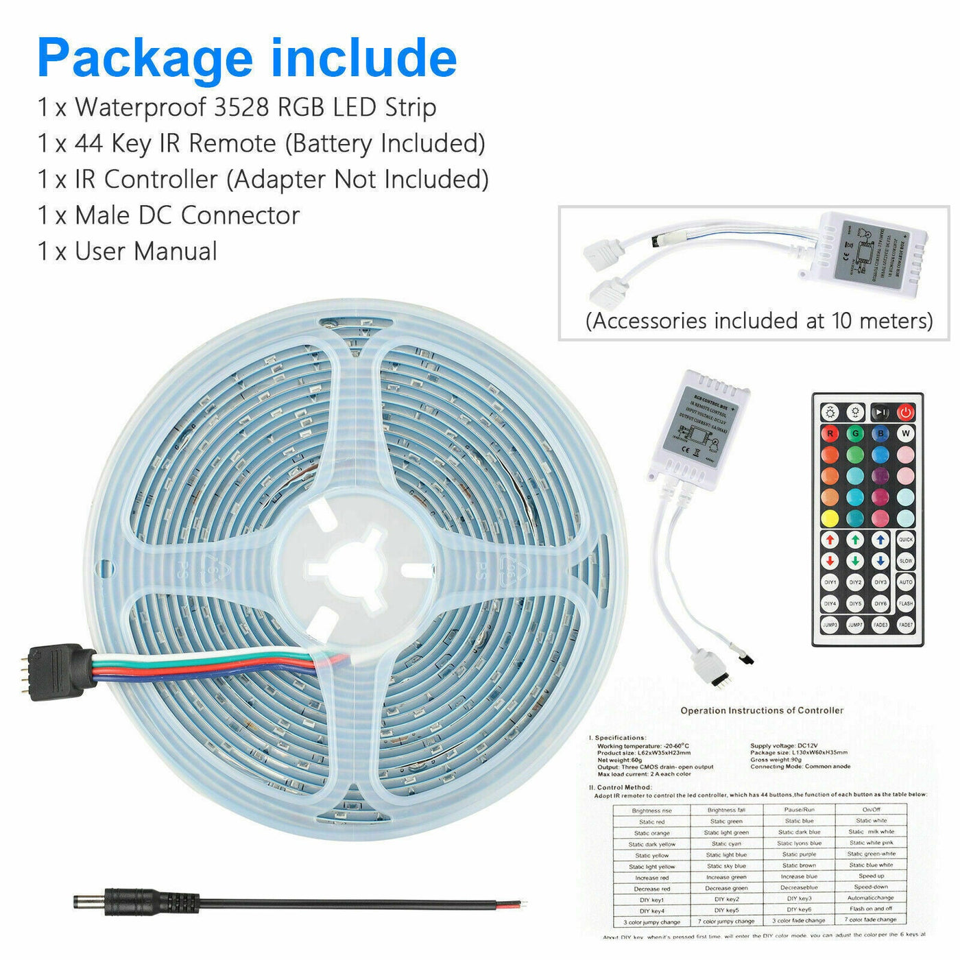 32FT LED Strip Lights Remote Control Bedroom Waterproof for Indoor
