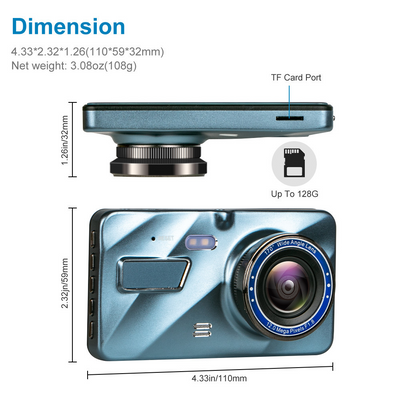 HD 1080P Car Dual Lens Dash Cam 4" DVR Recorder Front & Rear Camera