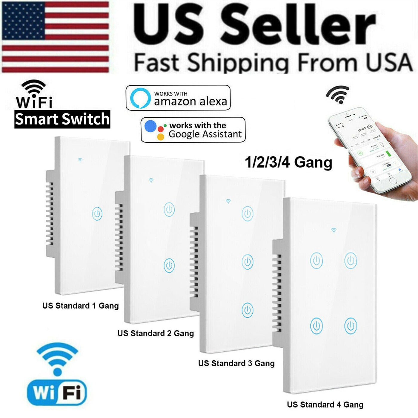 1/2/3/4 Gang WiFi Smart Wall Touch Light Switch Glass Panel For