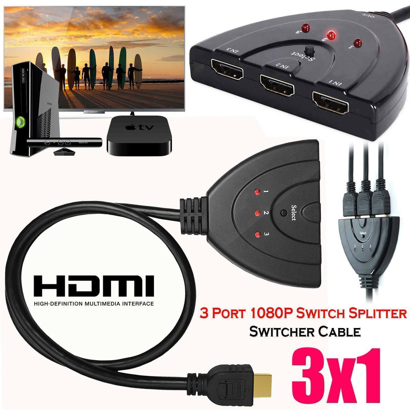 3 Port HDMI Splitter Cable 1080/4K Switch Switcher HUB Adapter for
