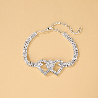 Double Heart Anklet Bracelet Love Barefoot Chain Bling Crystal Ankle