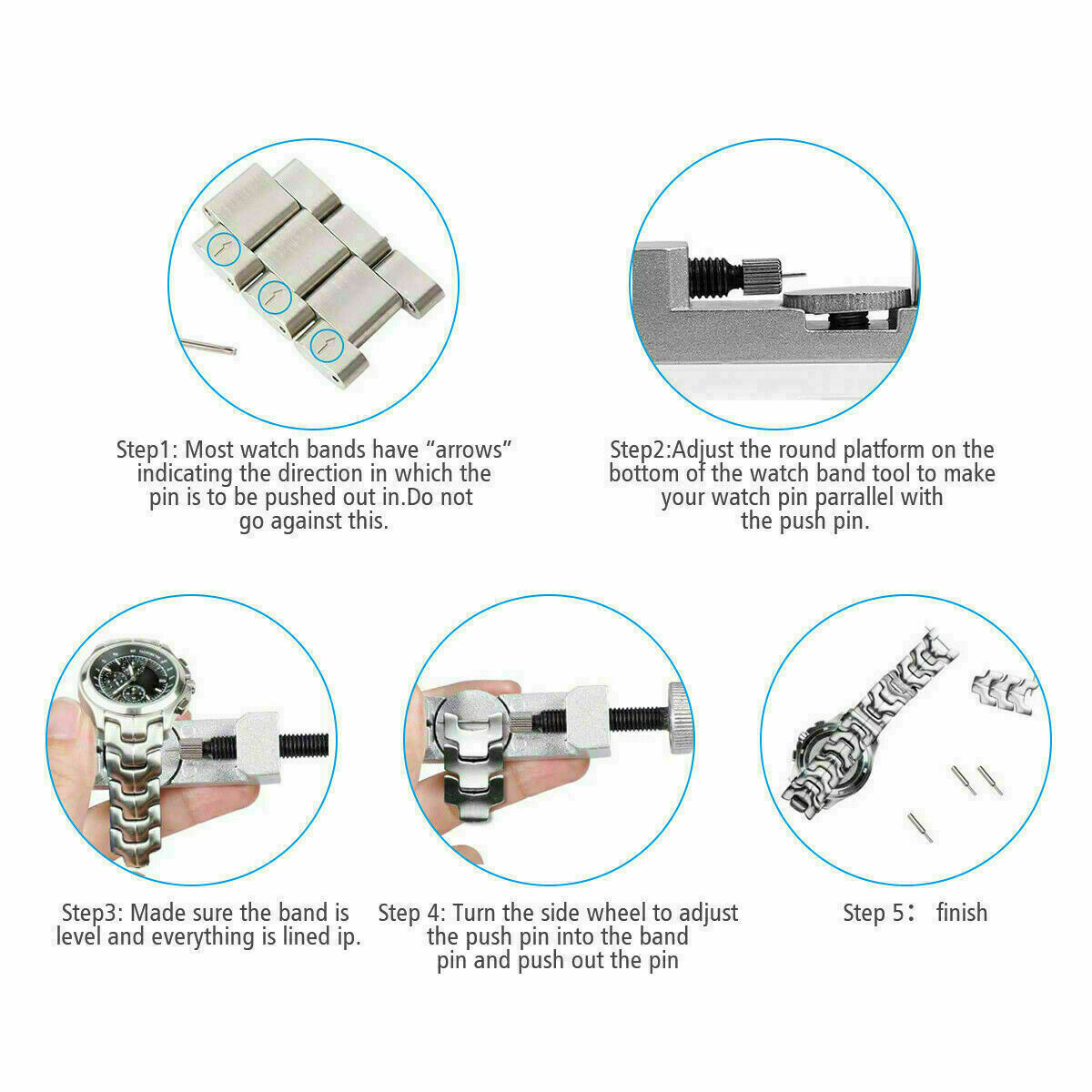 Metal Adjustable Watch Band Strap Bracelet Link Pin Remover Repair tool guide with steps for pin removal.