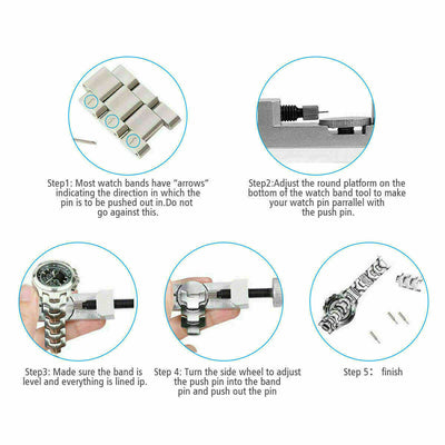 Metal Adjustable Watch Band Strap Bracelet Link Pin Remover Repair tool guide with steps for pin removal.