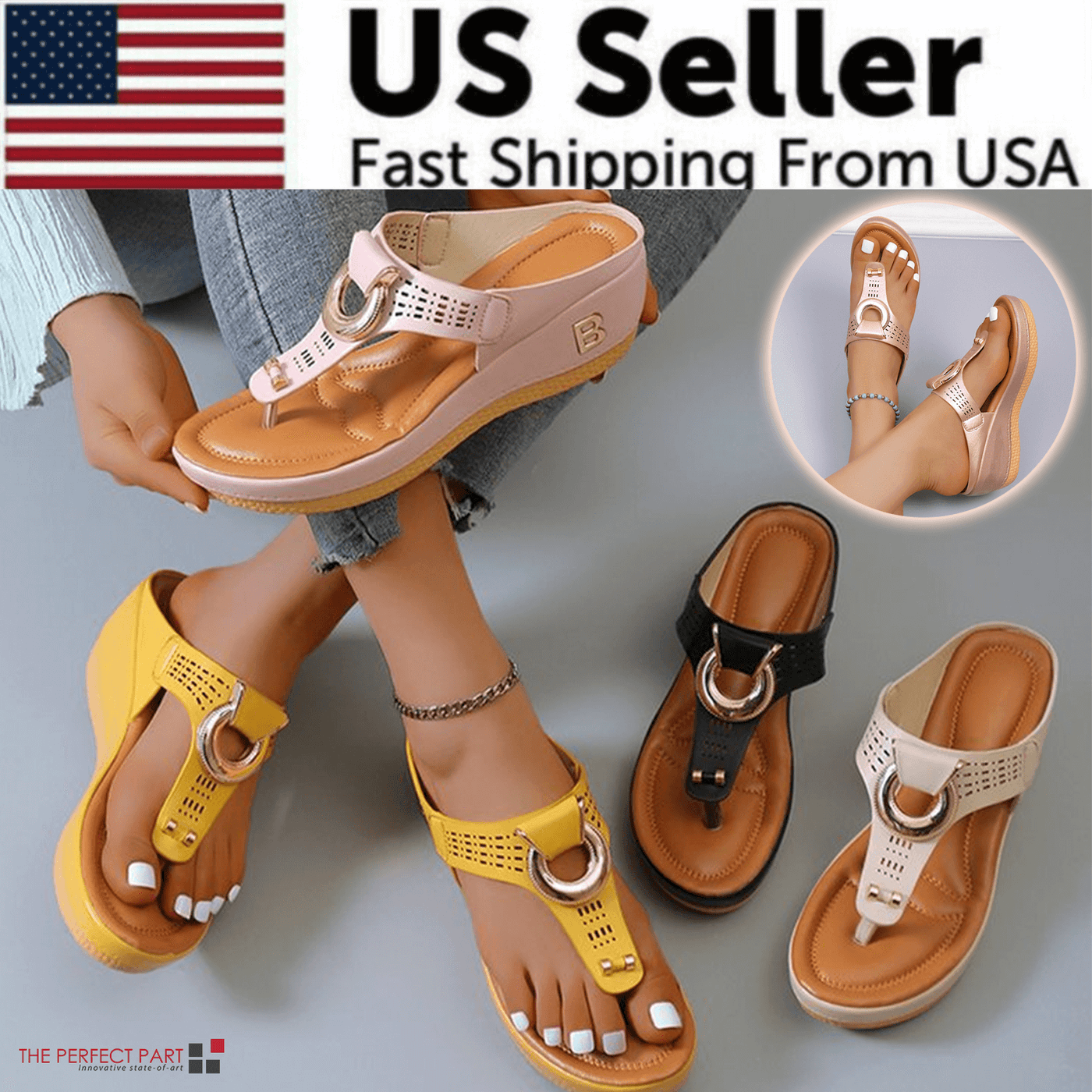Low-Wedge Women Orthopedic Sandals Casual Flat Shoes Flip Flops Ladies