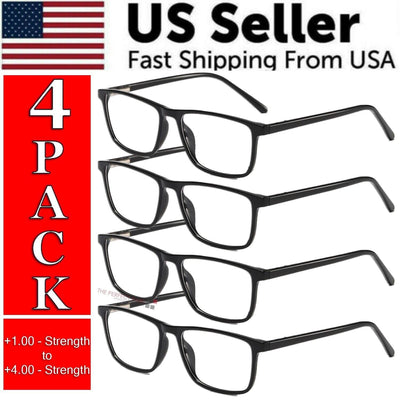 Reading Glasses Mens Womens Unisex Readers Eyeglasses 4 Pack Glasses with black frames and varying strengths.