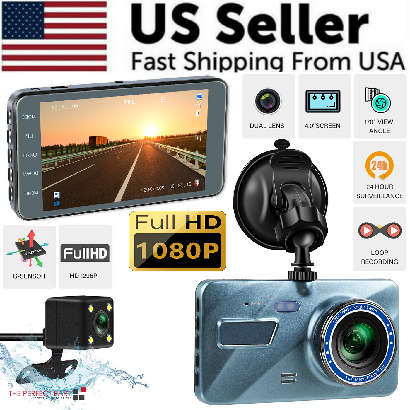 HD 1080P Car Dual Lens Dash Cam 4" DVR Recorder Front & Rear Camera