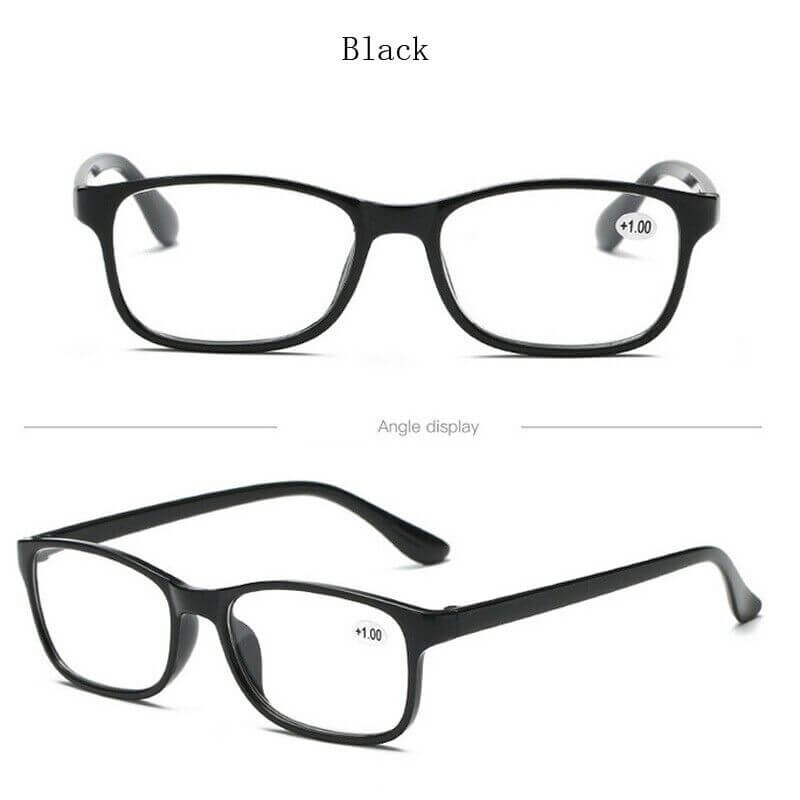 Reading Glasses Mens Womens Unisex Readers Eyeglasses 4 Pack Glasses in black color, showing frontal and angle views.