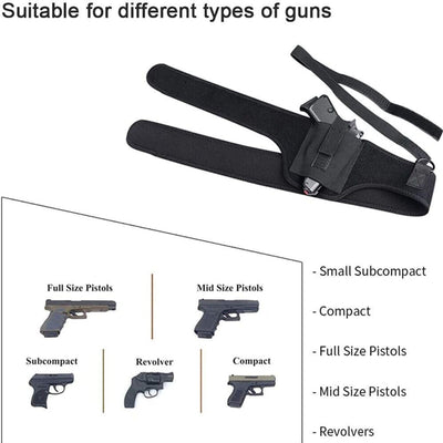 Tactical Concealed Carry Shoulder Waist Pistol Hand Gun Holder Holster showcasing compatibility with various gun sizes.