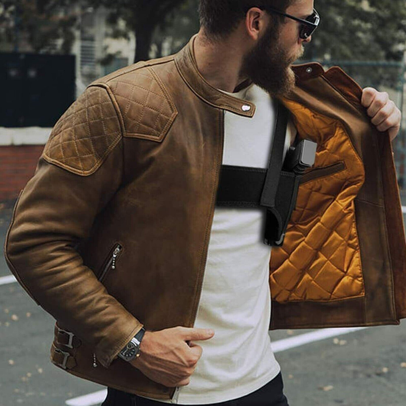 Tactical Concealed Carry Shoulder Waist Pistol Hand Gun Holder Holster worn under a brown leather jacket.