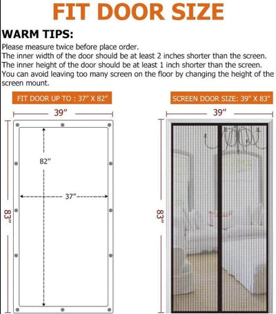 Fit door size guide for Magnetic Screen Door Mesh Curtain Durable Heavy Duty Mosquito Net Bug with dimensions and tips.
