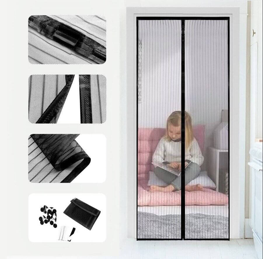 Magnetic Screen Door Mesh Curtain Durable Heavy Duty Mosquito Net Bug with child in a home setting.