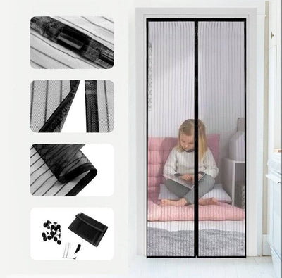 Magnetic Screen Door Mesh Curtain Durable Heavy Duty Mosquito Net Bug with child in a home setting.