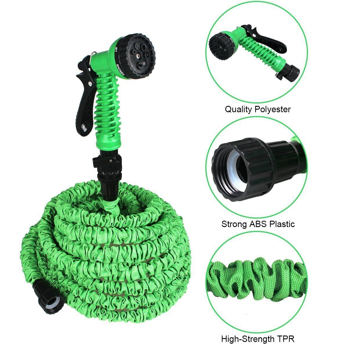 Expanding Expandable Flexible Garden Water Hose w Spray Nozzle 25, 50, on display with nozzle and hose features highlighted.