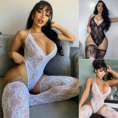 Women Lace Sexy Lingerie Nightwear Babydoll Sleepwear Bodysuit Dress displayed in three variations.