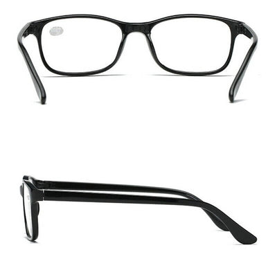 Reading Glasses Mens Womens Unisex Readers Eyeglasses 4 Pack Glasses showing front and side views of the black frames.