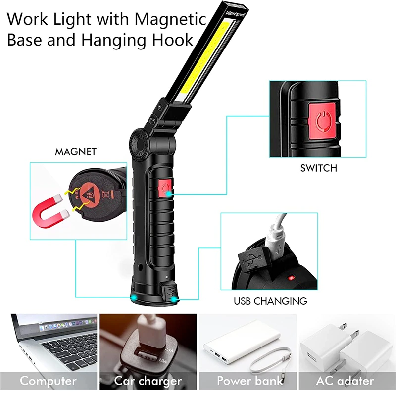 Rechargeable LED COB Work Light Mechanic Flashlight Lamp Magnetic Base