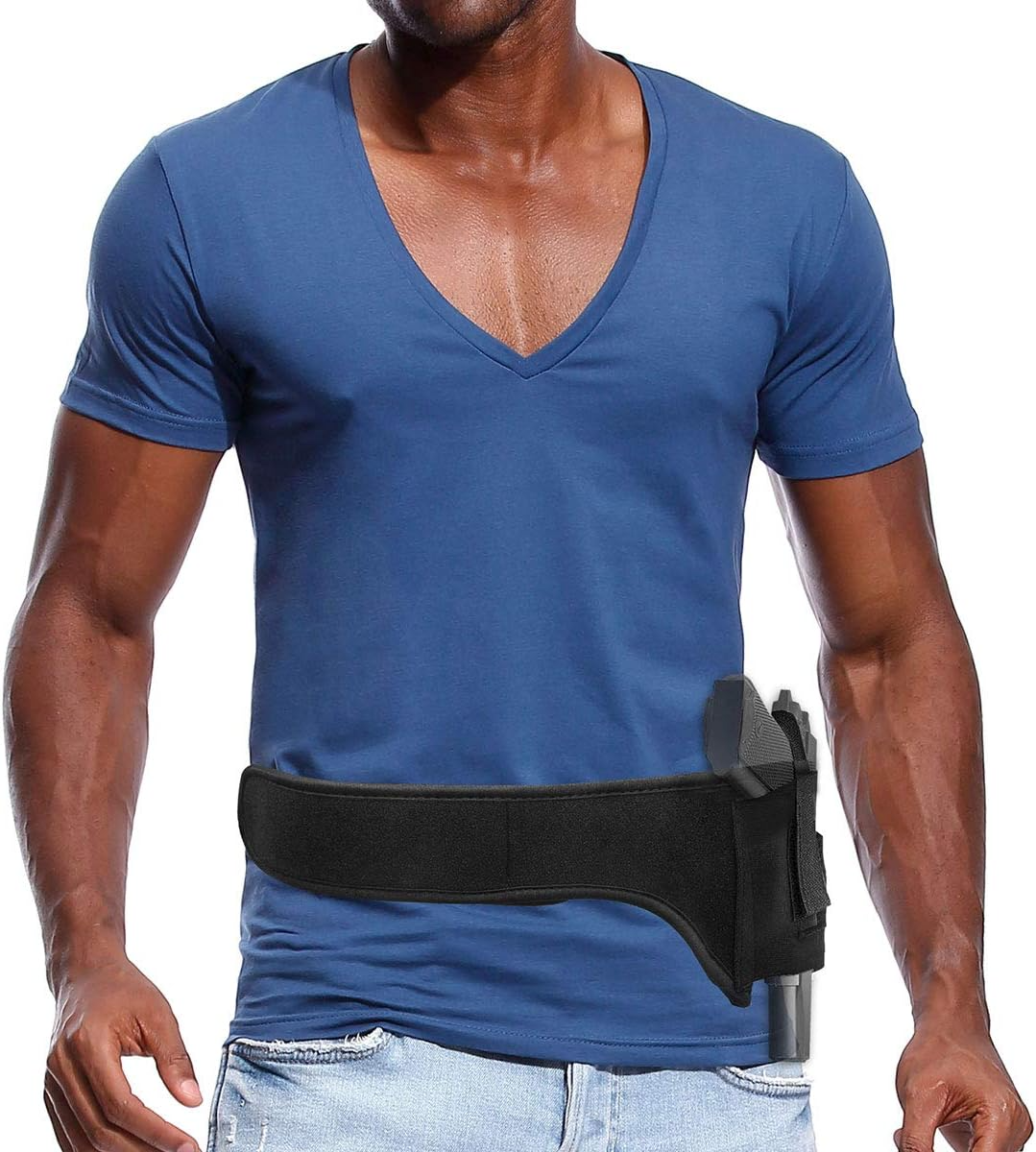 Tactical Concealed Carry Shoulder Waist Pistol Hand Gun Holder Holster worn by a man in a blue shirt.