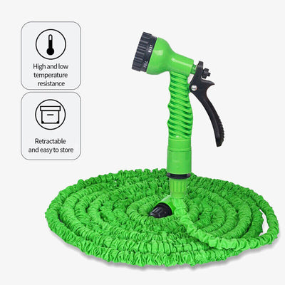 Expanding Expandable Flexible Garden Water Hose w Spray Nozzle 25, 50, coiled in green with a spray nozzle attached