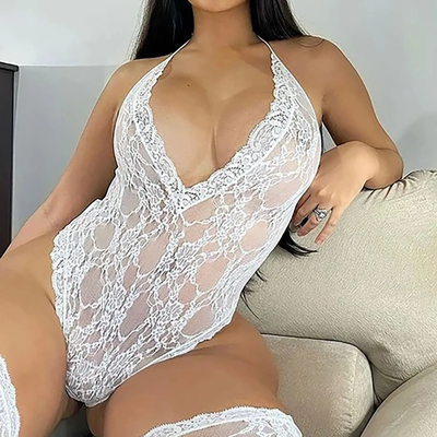 Women Lace Sexy Lingerie Nightwear Babydoll Sleepwear Bodysuit Dress in white lace design on a model.